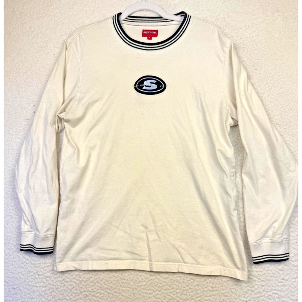Supreme Shirt Mens Medium Striped Rib Logo Cotton Jersey Crewneck L/S Streetwear - Picture 2 of 8